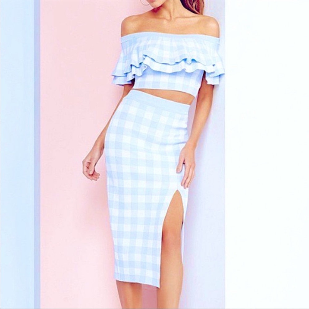Blue checkered off the shoulder crop top